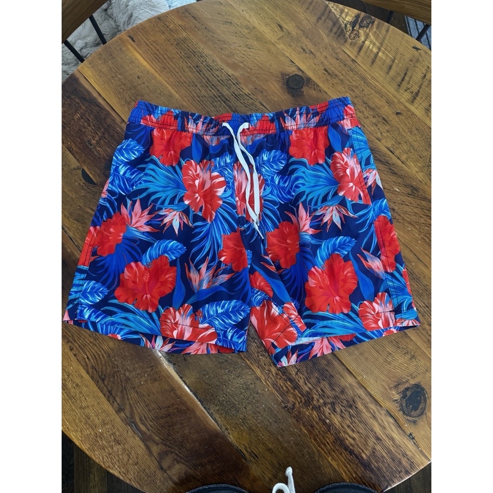 MaaMgic Men's Swim Trunks Size M Blue Red Tropical Floral Quick Dry Mesh Lined